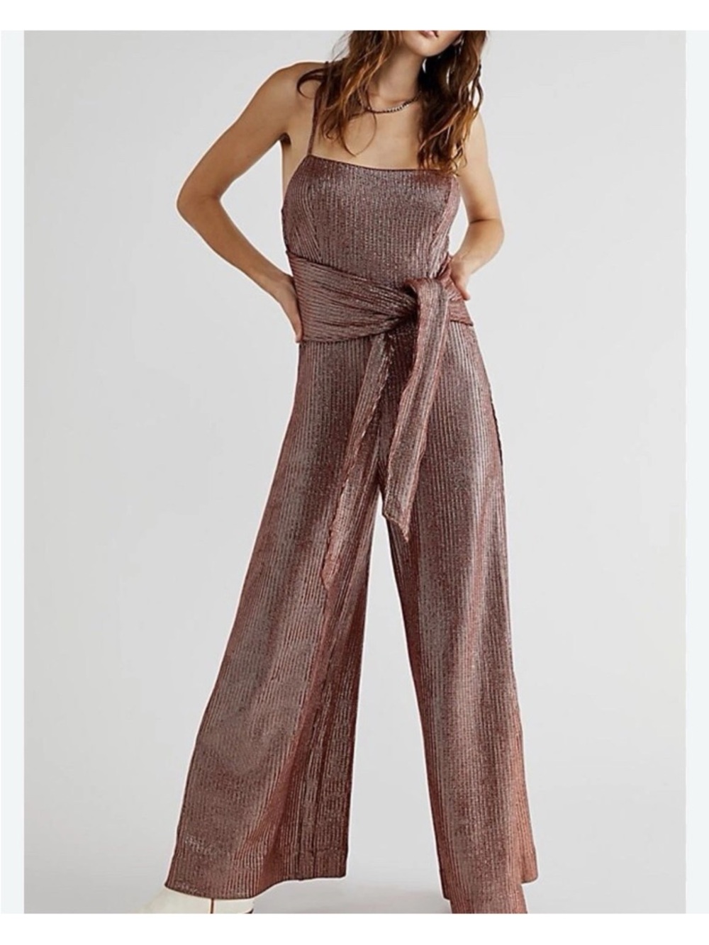 Free People Metallic Rose Wide-Leg Jumpsuit with Waist Tie XS, nwot